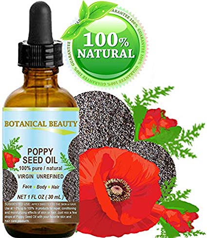 POPPY SEED OIL Papaver Somniferum 100% Pure Natural VIRGIN UNREFINED Cold Pressed Anti Aging Vitamin E oil for Face, Skin, Body, Hair, Nail Care 1 Fl.oz.- 30 ml by Botanical Beauty