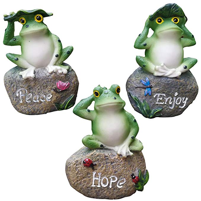 Frog Garden Statues – 3 Pack Lanker 5 Inch Frogs Sitting on Stone Sculptures Outdoor Decor Fairy Garden Ornaments