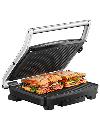 Deik Contact Grill, Fast Cooking Press Grill, Pannini Press with 1500W power, Non-Stick Coated Plates with Removable Drip Tray, Stainless Steel