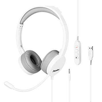 USB Headset with Microphone, Pander Noise Cancelling 3.5mm Computer PC Headset, Lightweight Wired Business Headphones with Volume Control for Skype, Webinar, Phone, Call Center - White