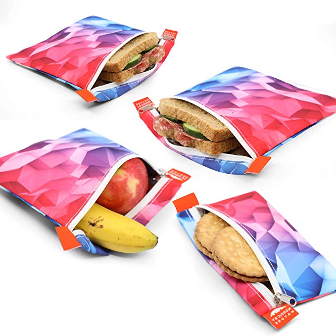 Nordic By Nature Sandwich bags (Pink & Blue) Reusable Sandwich & Snack Bags | Extra Foil Layer For Better Hygiene | Designer Set of 4 Pack | Resealable, Reusable and Eco Friendly Dishwasher Safe Bags