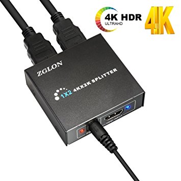 Zglon Mini 1x2 HDMI Splitter, Support Ultra HD 4K/2K, 3840 x 2160p and 3D, 1 HDMI Input Port with 2 HDMI Output, Come with 2 FREE 1.2M HDMI Cables