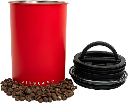 Planetary Design Airscape Stainless Steel Coffee Canister | Food Storage Container | Patented Airtight Lid | Push Out Excess Air Preserve Food Freshness (Medium, Matte Red)