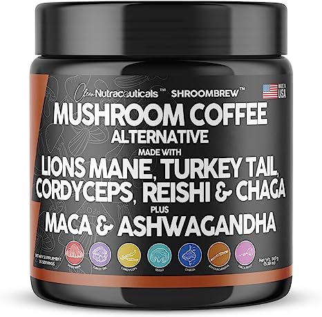 Mushroom Coffee Alternative Mix - Maca Coffee with Lions Mane Mushroom, Cordyceps and Ashwagandha - Cacao Based with Maca Root, Turkey Tail, Chaga and Reishi Mushroom - Instant Coffee Powder USA Made