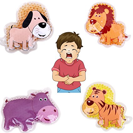 FOMI Kids Fun Pain Relieving Hot Cold Boo Boos Ice Packs. 4-Pack. Animal Designs. Multi-Use Children’s Gel Bead pack for Neck, Knee, Ankle, Arm, Hand, Thigh, Leg. (4” x 3” each)