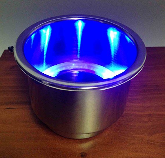 Pactrade Marine RV Boat Stainless Steel 304 LED Can Drink Holder, Drain Tube, Blue