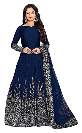 BRIDAL4Fashion Women's Anarkali Knee Length Gown With Dupatta (Blue_Free size)