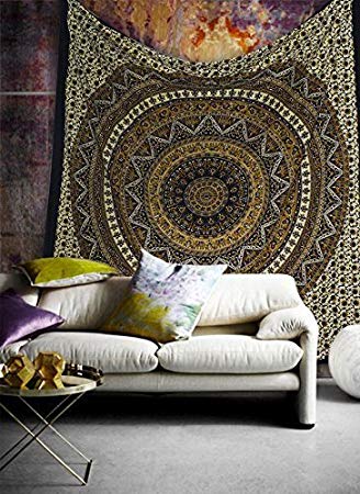 Popular Handicrafts Hippie Mandala Bohemian Psychedelic Intricate Floral Design Indian Bedspread Magical Thinking Tapestry 84x90 Inches,(215x230cms) Brown