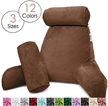 Nestl Reading Pillow, Includes 1 Extra Large Bed Rest Pillow with Arms   2 Detachable Pillows - Premium Shredded Memory Foam TV Pillow, Neck Roll & Lumbar Support Pillow - Set of 3 - Brown Chocolate