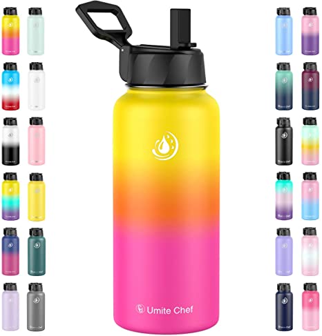 Umite Chef Water Bottle, Vacuum Insulated Wide Mouth Stainless-Steel Sports 18-64OZ Water Bottle with New Wide Handle Straw Lid,Hot Cold, Double Walled Thermo Mug