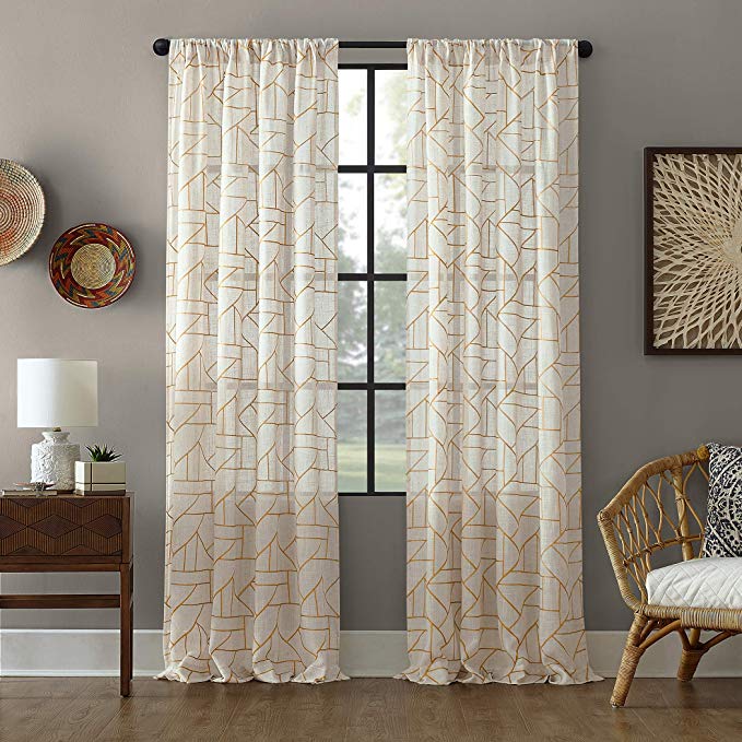 Archaeo Fragmented Geometric Embroidery Mid-Century Modern Natural Blend Curtain, 50" x 84" Panel, Gold/Linen
