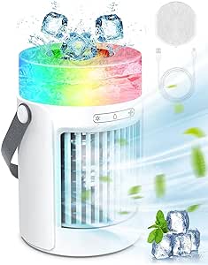 Portable Air Conditioners Fan, 3 Wind Speeds & 7 LED Lights Evaporative Personal Air Cooler, 4 in 1 Portable AC with 600ml Large Water Tank, Mini Air Conditioner for Bedroom, Car, Home, Camping, Room