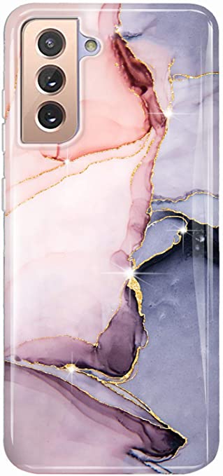 LUOLNH Galaxy S21 Case,Samsung Galaxy S21 Case for Girls Women,Gold Glitter Sparkle Marble Design Shockproof Soft Silicone Rubber TPU Bumper Cover Skin Phone Case for Samsung S21 5G -Pink/Purple