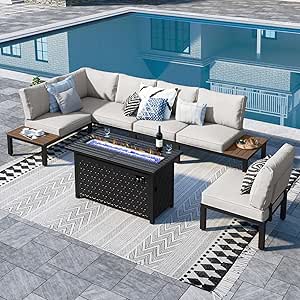 Sophia & William 6 Pieces Outdoor Patio Furniture Set with 45" Fire Pit Table, Metal Sectional Sofa Set -2 x Single Sofa with Side Table,2 x Single Sofa,1 x 2-Seat Sofa,1 x Propane Fire Pit