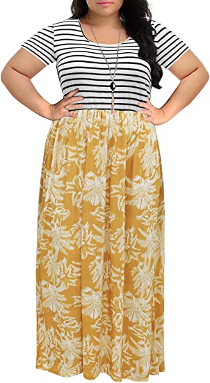 Nemidor Women's Chevron Print Summer Short Sleeve Plus Size Casual Maxi Dress