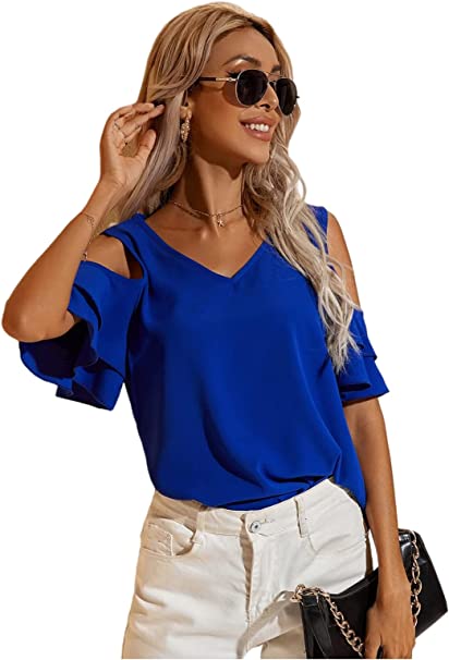 Milumia Women's Casual Cold Shoulder V Neck Flounce Short Sleeve Solid Work Blouse Tops