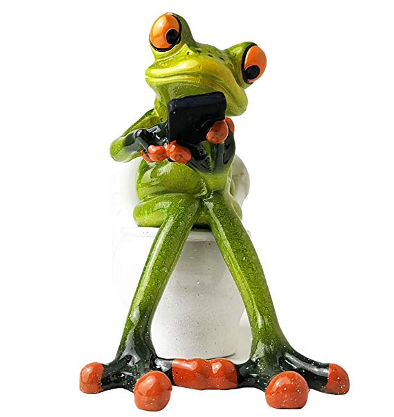HAPTIME 4.3 inch Adorable Red Eyed Tree Frog Sitting on Toilet and Texting, Funny Decor Figurine for Home Desk Bathroom Decoration (Style A)