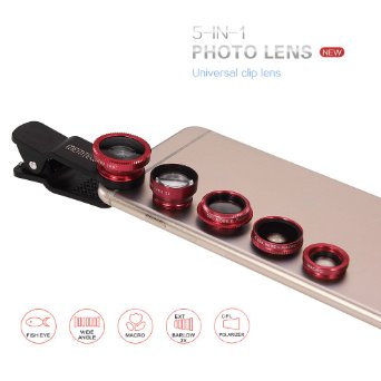 MEMTEQ 5 in 1 Clip-on Photo Lens 180 Degree Fisheye  065X Wide Angle  Macro  CPL Filter  2X Telephoto Lens Camera Lens for iPhone 6  6 Plus iPhone 5s 5c 5 4s 4 Samsung iPad Mini  Air RED