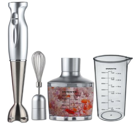 Ovente HS585S Robust Stainless Steel Immersion Hand Blender with Beaker Whisk Attachment and Food Chopper Silver