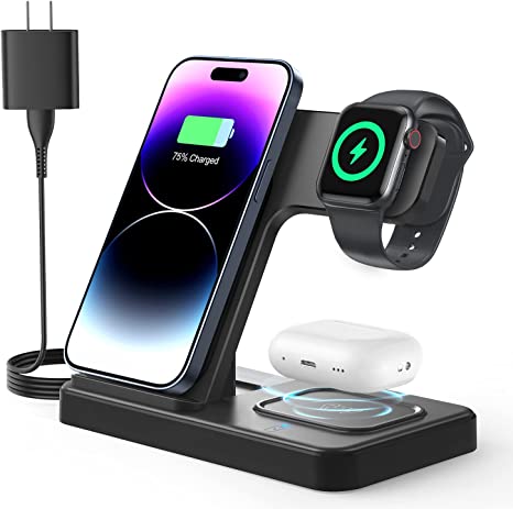 Wireless Charger, Charging Station 3 in 1, Fast Wireless Charger Stand for iPhone 14/13/12/11/Pro/Max/Plus/XS/XR/X/8, Apple Watch 8/7/6/5/4/3/2/SE & AirPods