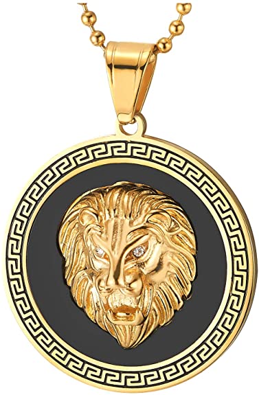 COOLSTEELANDBEYOND Men Steel Lion Head Circle Medal Pendant Necklace with CZ, Black Onyx, Greek Key, Silver Black