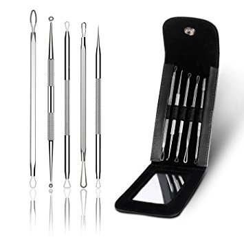 Shinemore Blackhead Remover, Acne Extractor Tool, Face Cleaning Kit, Pimple Popping, Lady Facial Care With Mirror - 5Pcs (Black)