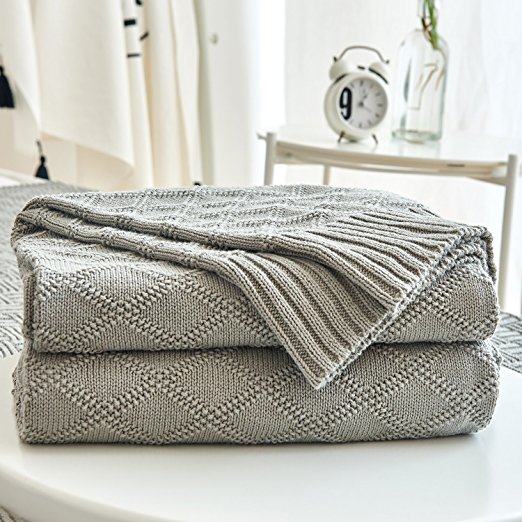 Cable Knit Cotton Gray Throw Blanket for Couch Sofa Beach Chair Bed Home Decorative Soft Warm Cozy Knitted Blankets ，Grey 50 x 60 Inch Gift a Washing Bag