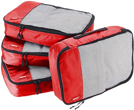 AmazonBasics 4 Piece Packing Travel Organizer Cubes Set - Medium, Red