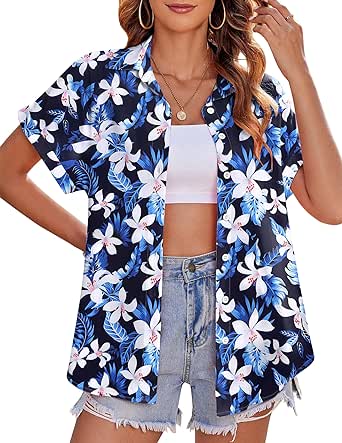 Zeagoo Women's Hawaiian Button Down Shirts Casual Short Sleeve Floral Tropic Print Summer Blouse Tunic Top