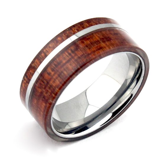 Will Queen Hawaii Koa Wood Inlay Men's Tungsten Wedding Bands with Mirror Polished Tungsten Stripe 8mm Promise Rings for Couples Engagement Matching Rings, Holiday Birthday Gift for Boyfriend