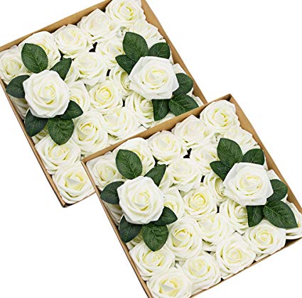 Foraineam 50pcs Artificial Roses Real Looking Foam Fake Rose Flowers with Stem & Leaves for DIY Wedding Bouquets Centerpieces Party Home Decorations (Ivory)