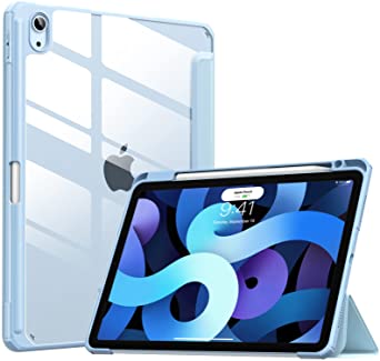 MoKo Case Fit iPad Air 4th Generation with Pencil Holder, Shockproof Frame with Clear Transparent Back Fit iPad Air 4 10.9 inch 2020 [Support 2nd Gen Pencil Wireless Charging],Auto Wake/Sleep,Sky Blue