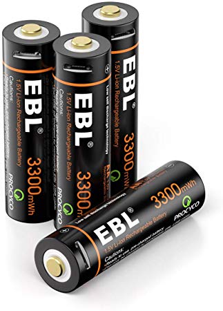 EBL USB Rechargeable AA Lithium Batteries - 1.5V 3300mWh Long Lasting Rechargeable Double A LI-ion Batteries with Micro Charging Cable - Quick Charge in 2 Hours (4 Pack)