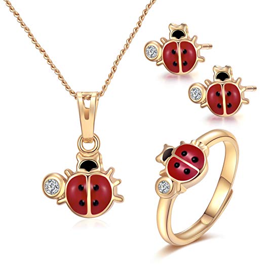 Mouttop Ladybug Pendant Necklace, Charms 14k Gold-Filled Red and Black Ladybug Pendant Necklace Rings Set Jewelry for Kids,15”