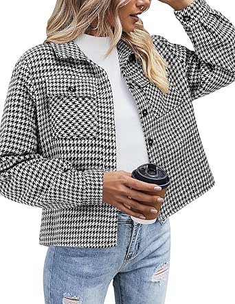 Zeagoo Flannels for Women Cropped Shacket Jacket Fashion Plaid Button Down Shirt 2024 Fall Coat Tops