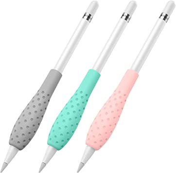 MoKo [3 Pack Silicone Grip Holder Ergo Protective Sleeve Cover Case Accessories Compatible with Apple Pencil 1st / 2nd Generation, Gray, Pink & Gem Green