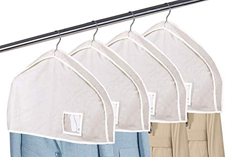 MISSLO Cotton Shoulder Covers Garment Bags for Clothes 2" Gusset Garment Dust Protectors with Clear Pocket for Suit, Coats, Jackets, Dress Closet Storage, 4 Sets (Beige)