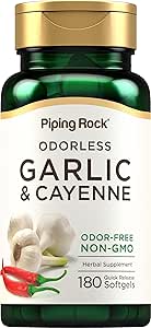 Piping Rock Odorless Garlic and Cayenne Supplement | 180 Softgels | 1000mg | Non-GMO, Gluten Free