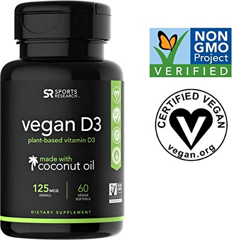 Vegan Vitamin D3 Enhanced with Coconut Oil for Better Absorption - 60 Veggie Softgels (125mcg/5000iu)