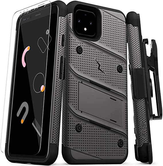 ZIZO Bolt Series Google Pixel 4 XL Case | Heavy-Duty Military-Grade Drop Protection w/Kickstand Included Belt Clip Holster Tempered Glass Lanyard (Metal Gray/Black)