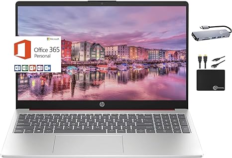 HP Laptop Computer 2024, 15.6" HD Display, Quad-Core Intel Processor N200, 8GB RAM, 384GB Storage (128GB UFS   256GB Card), WiFi, Webcam, 1 Year Office 365, Long Battery, Win 11S MarxsolAccessory Red