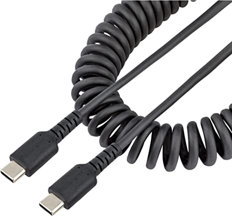 StarTech.com 3ft (1m) USB C Charging Cable, Coiled Heavy Duty Fast Charge & Sync USB-C Cable, USB 2.0 Type-C Cable, Rugged Aramid Fiber, Durable Male to Male USB Cable, Black (R2CCC-1M-USB-CABLE)