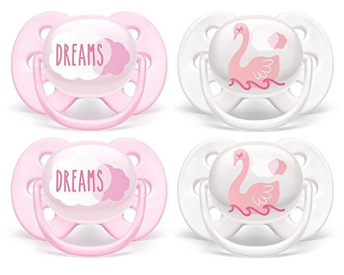 Philips AVENT Ultra Soft Pacifier, 0-6 Months, Dreams and Swan Designs, Pack of 4, SCF222/42