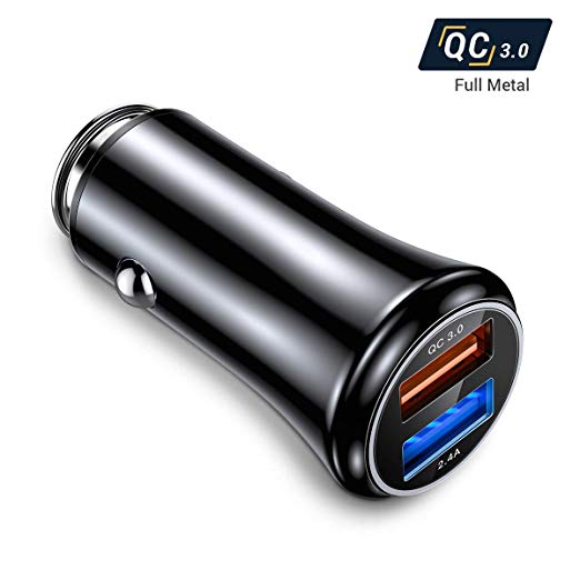 Car Charger Quick Charge 3.0, Aluminum Dual USB Fast Car Charger 30W USB QC3.0 Car Charger Fast Charging Compatible Galaxy S9/S8/Note9/Note8, iPhone Xs Max/XR/X/8, LG, Nexus, Tablet(Black)【Ainope】