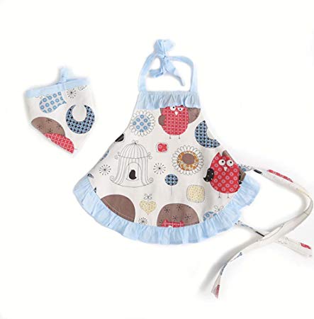 Childrens Bakeware Chef Owl Girls Toddler Kids Apron with Matching Cute Headscarf Outfit Set (4T to 5T (Blue Owl))