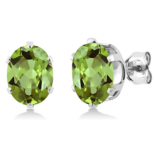 925 Sterling Silver Green Peridot Gemstone Birthstone Women's Stud Earrings (2.60 Cttw, Oval 8X6MM)