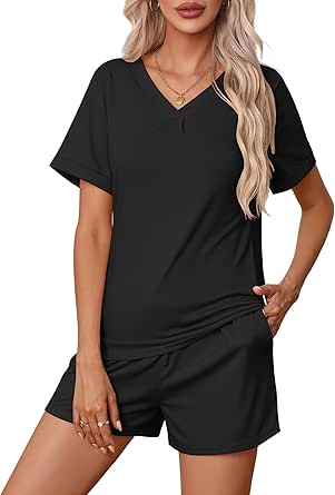 Ekouaer Pajamas Set Womens Short Sleeve V Neck Tee Top and Shorts Sleepwear 2 Piece PJ Sets S-XXL