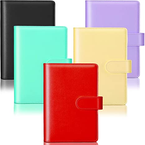 5 Pieces A6 PU Leather Notebook Binder Refillable 6 Rings Binder Cover Loose Leaf Personal Planner with Magnetic Buckle Closure (Red, Black, Purple, Green, Yellow)