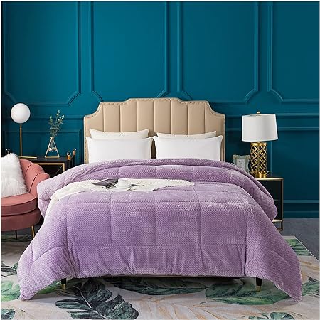 KASENTEX Luxury Plush Sherpa Comforter, Ultra Soft Cozy Reversible Faux Fur Machine Washable Bedding, Purple, King Size