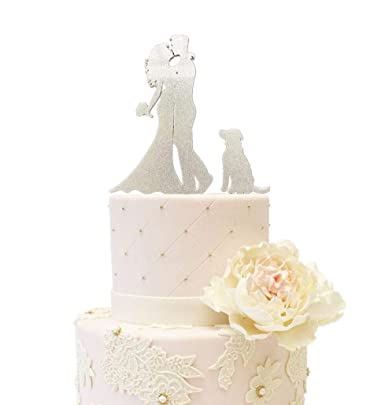 Wedding Anniverary Family Cake Topper Bride Groom with One Dog A Dog (Glitter Silver)